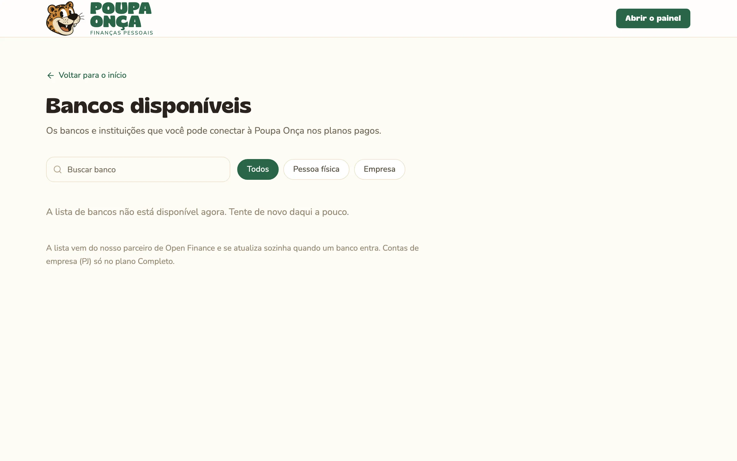 Página Bancos disponíveis com a busca e o filtro por tipo de conta