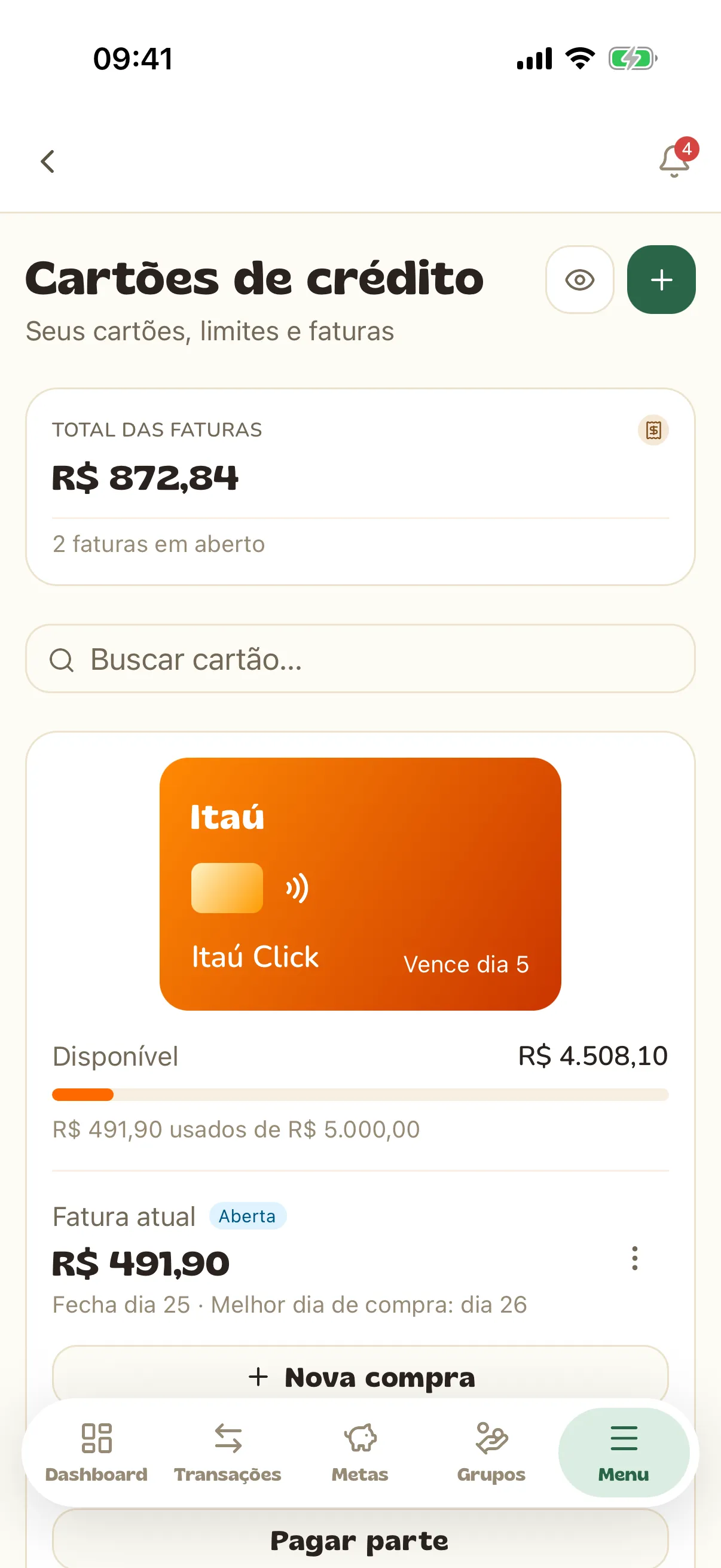 Tela de cartões com o limite usado e a fatura atual de cada cartão