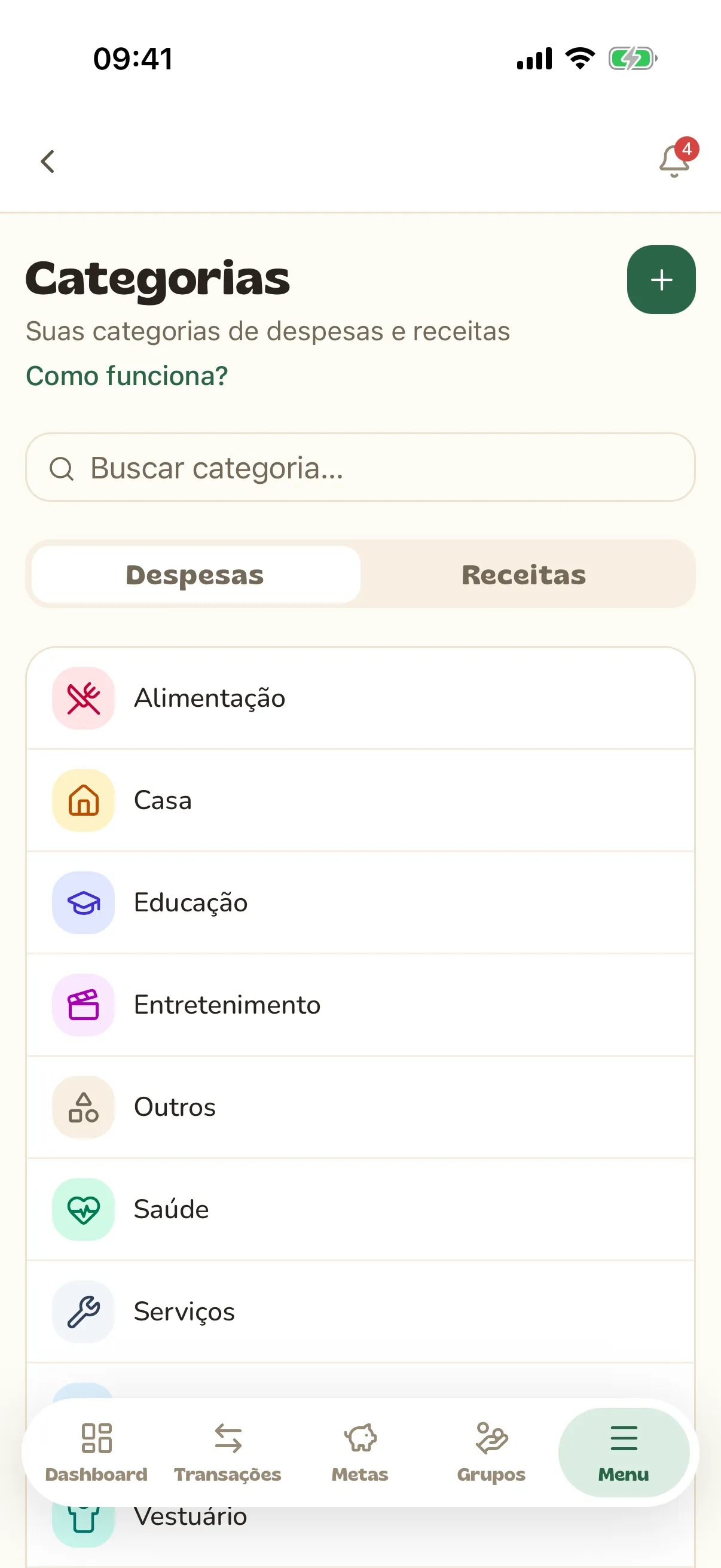 Tela de categorias com as abas de despesas e receitas
