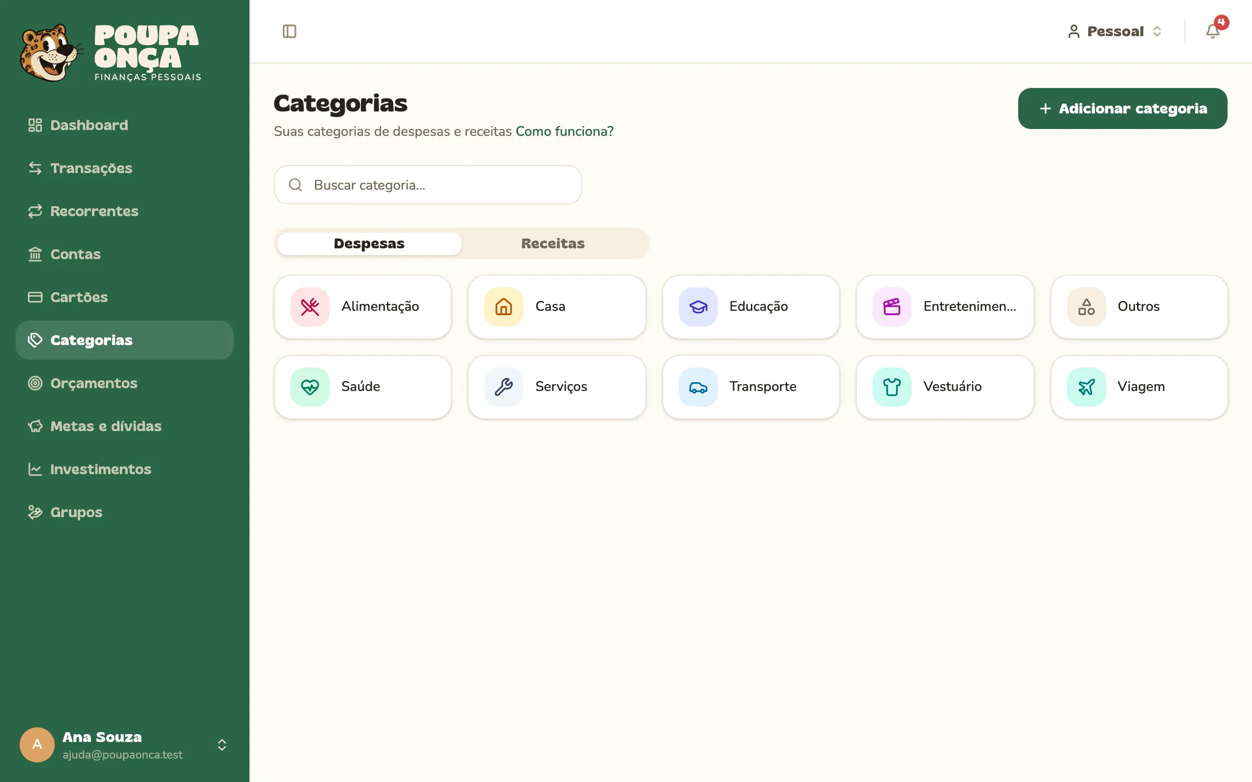 Tela de categorias com as abas de despesas e receitas