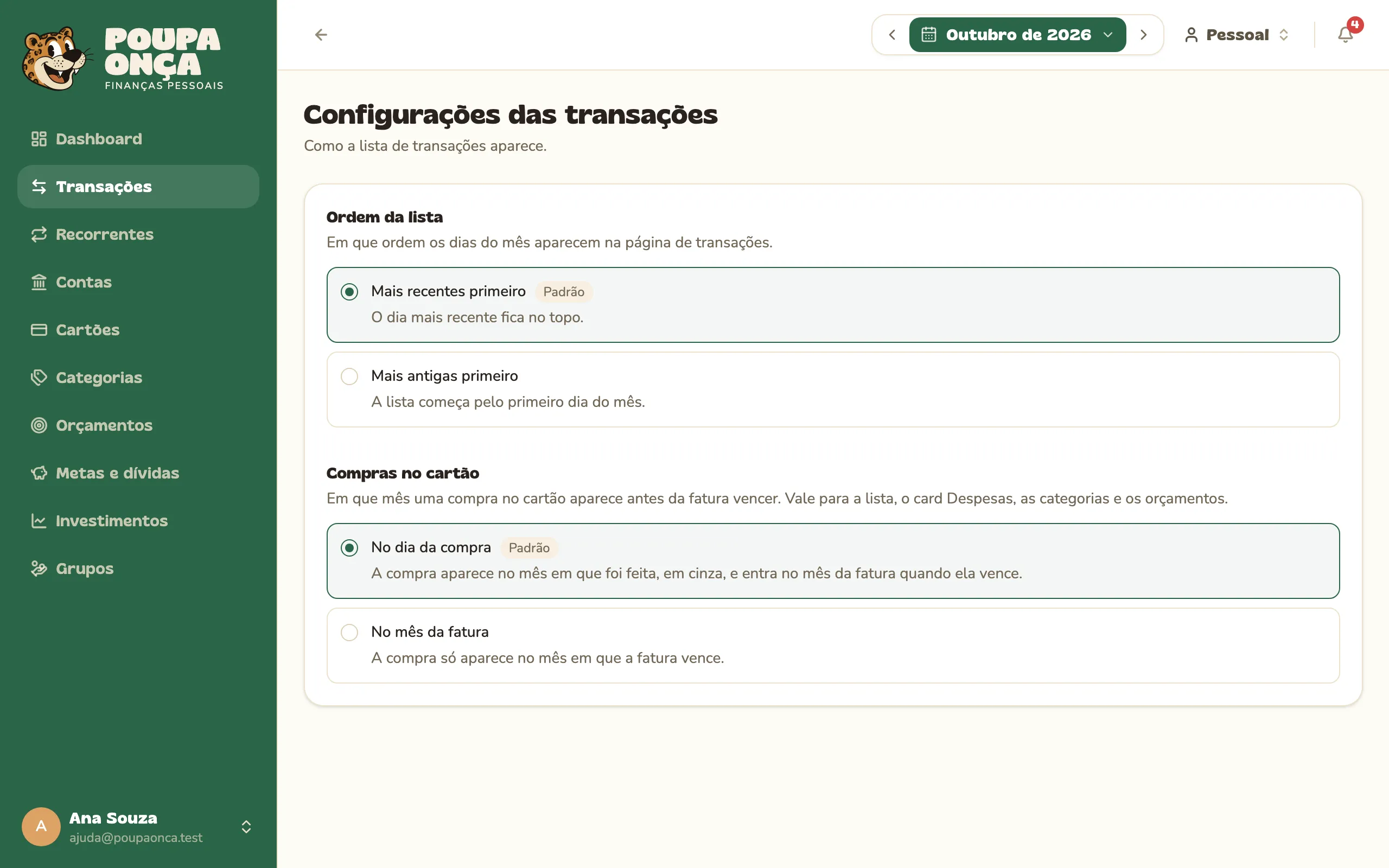 Configurações das transações com as opções de compras no cartão