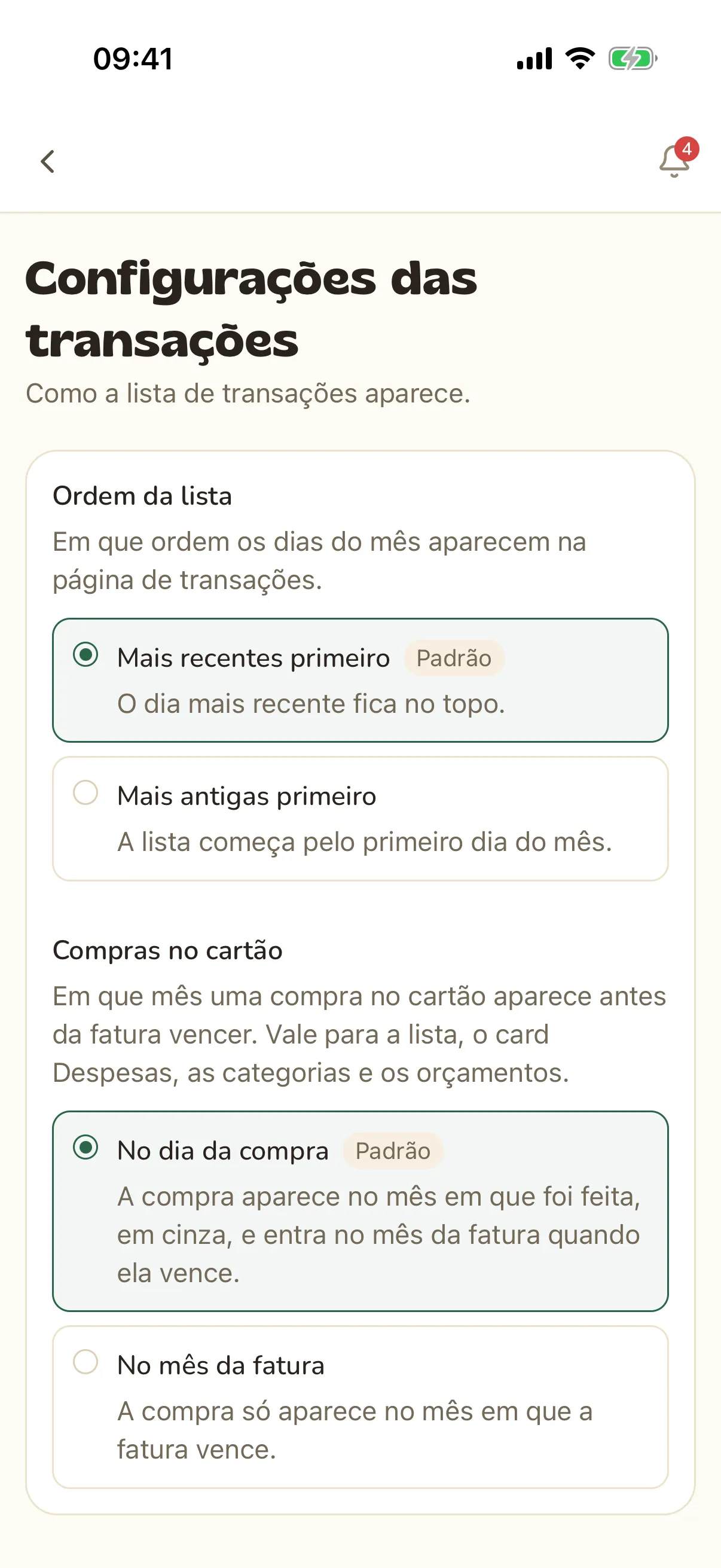 Configurações das transações com as opções de compras no cartão