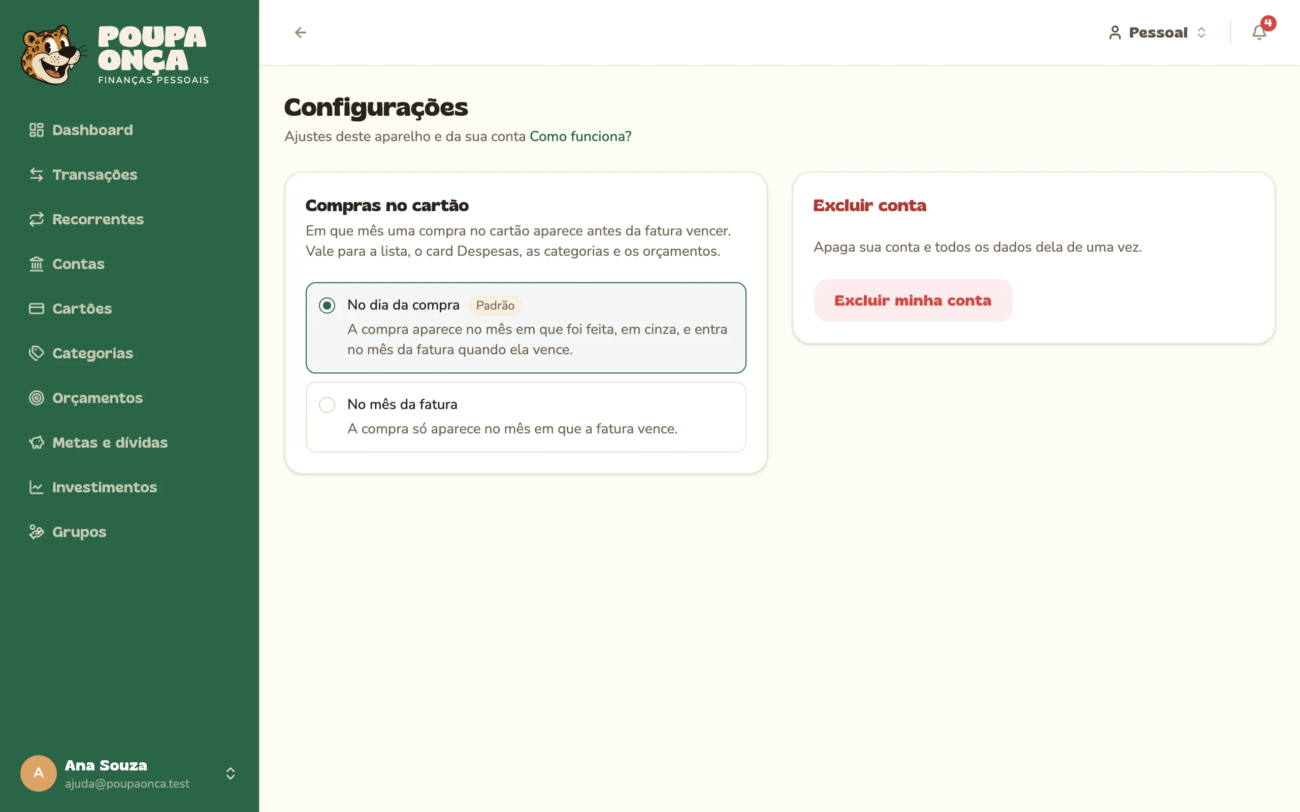 Tela de Configurações