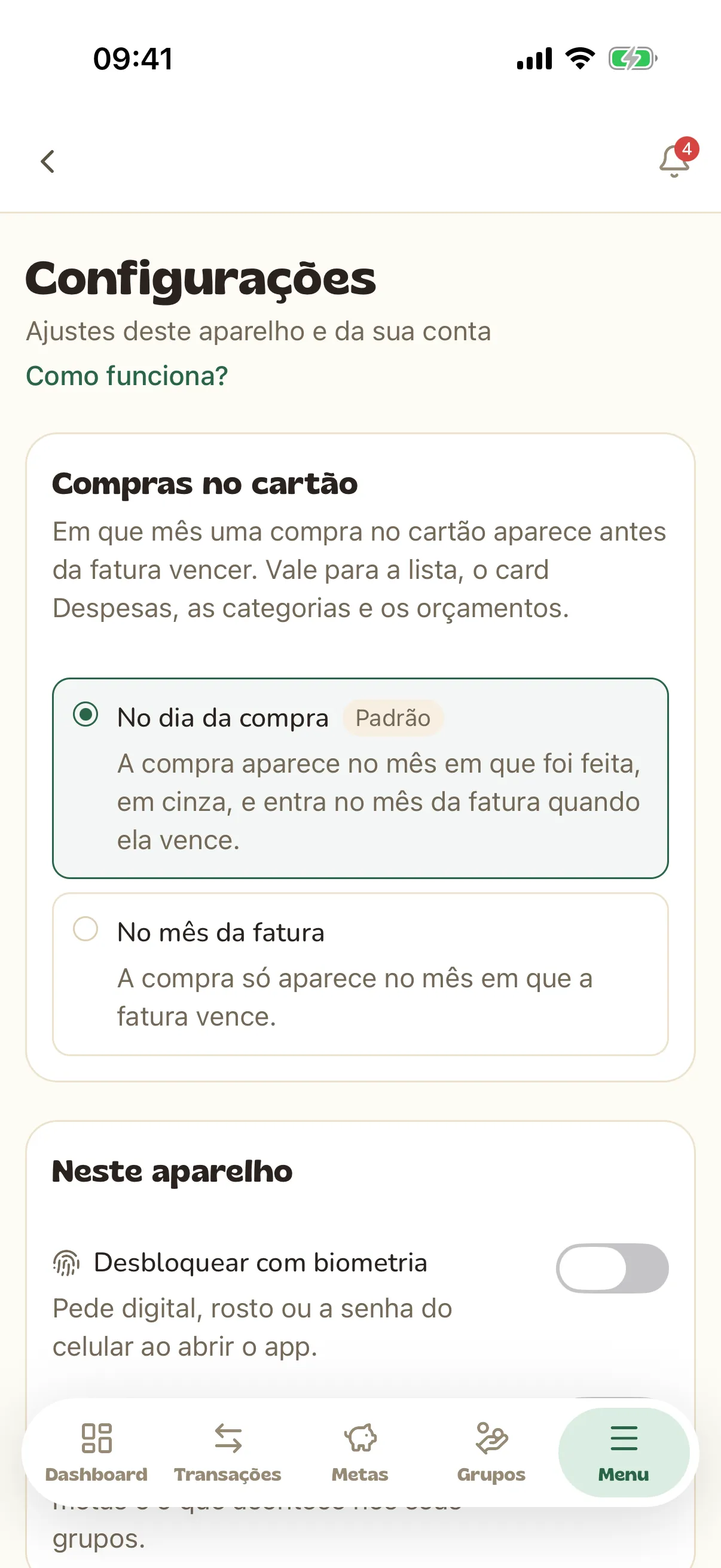 Tela de Configurações