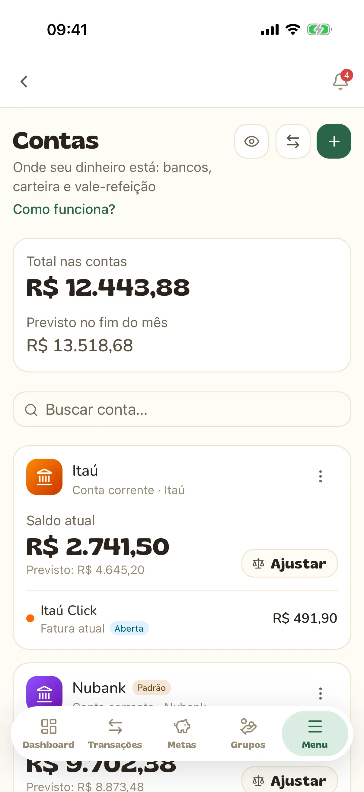 Tela de contas com o saldo atual e o previsto de cada conta