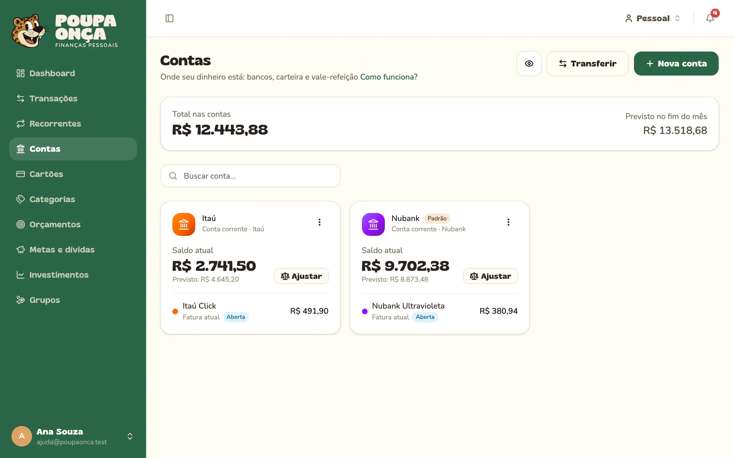Tela de contas com o saldo atual e o previsto de cada conta
