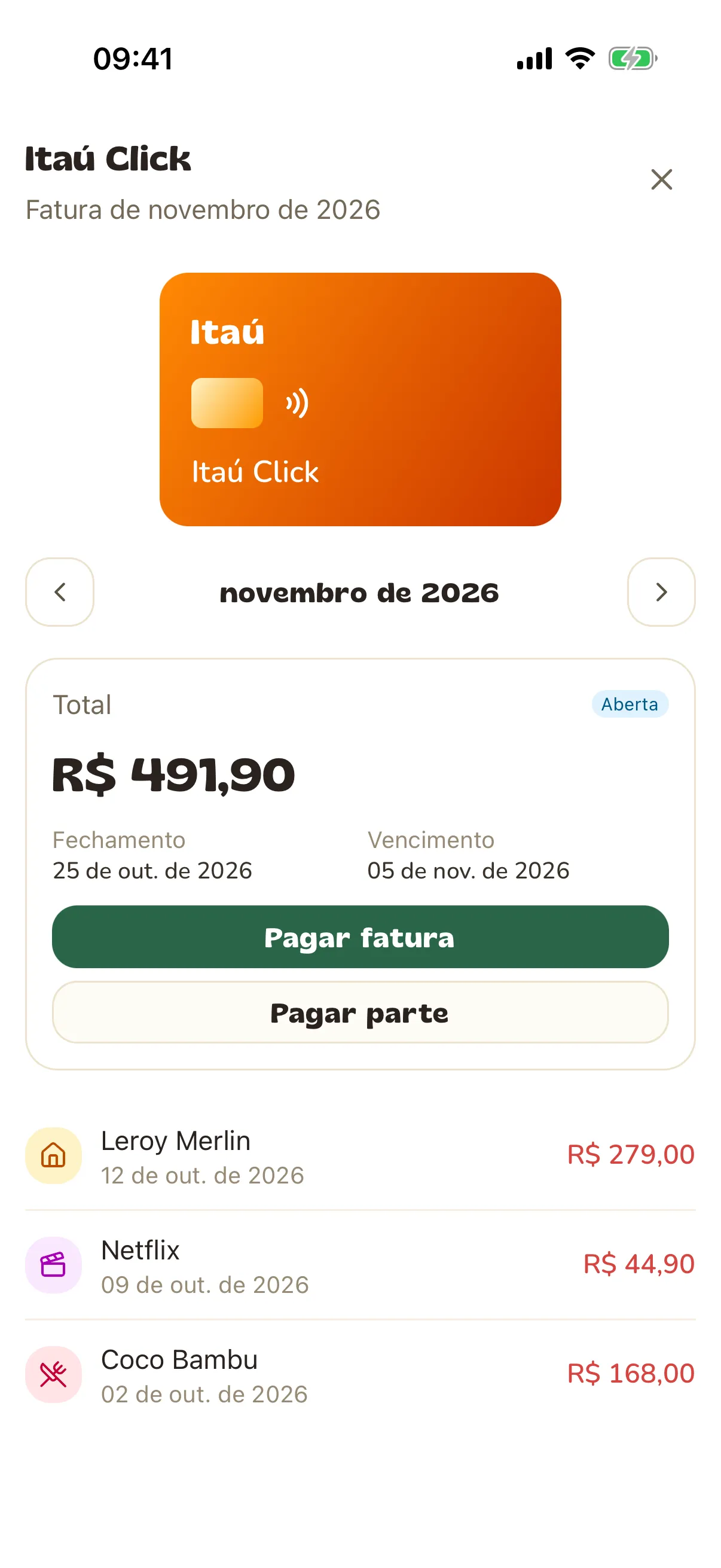 Detalhe da fatura com total, fechamento, vencimento e as compras