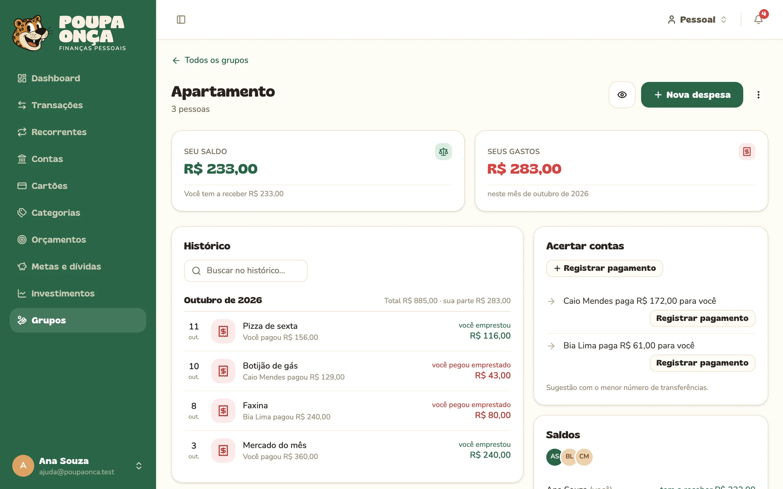 Um grupo com as despesas e quem deve para quem