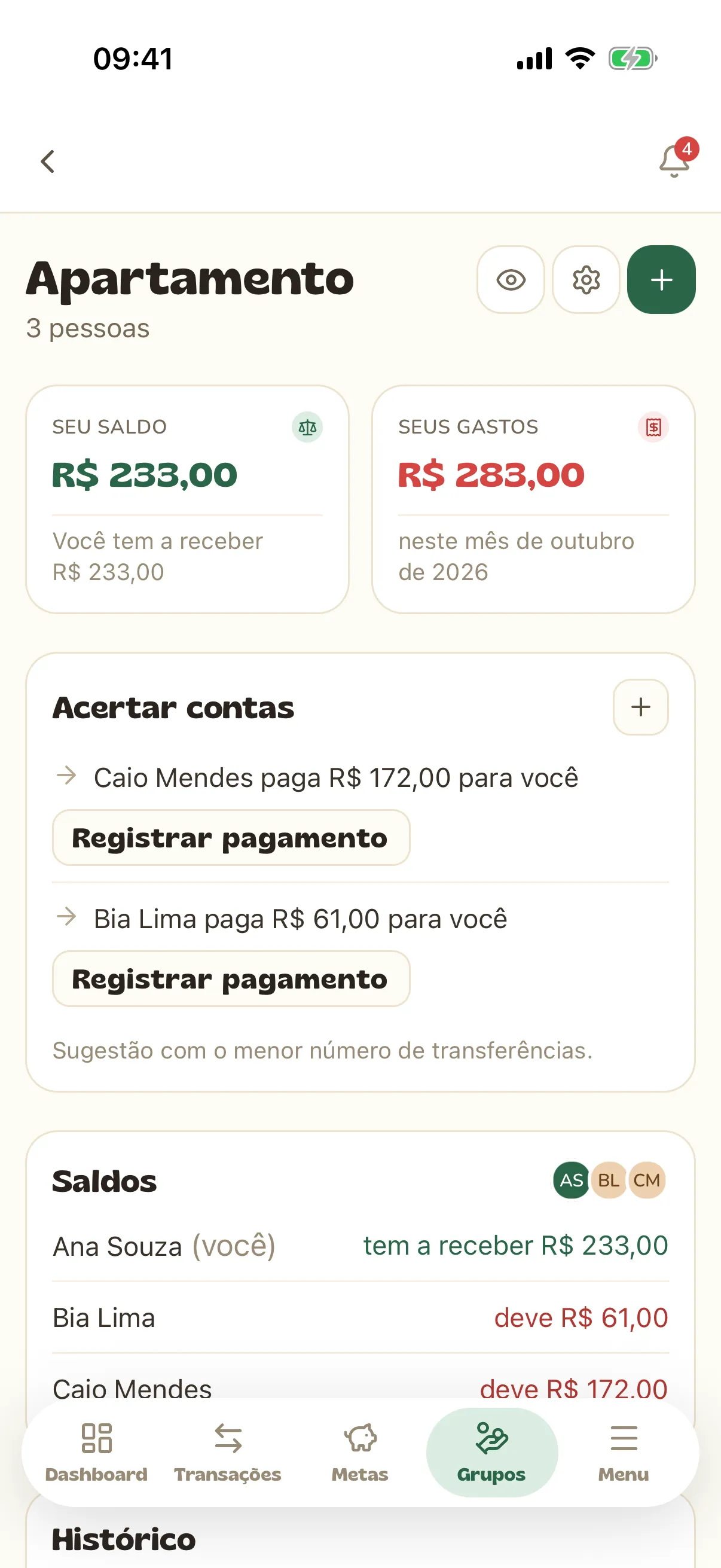 Um grupo com as despesas e quem deve para quem