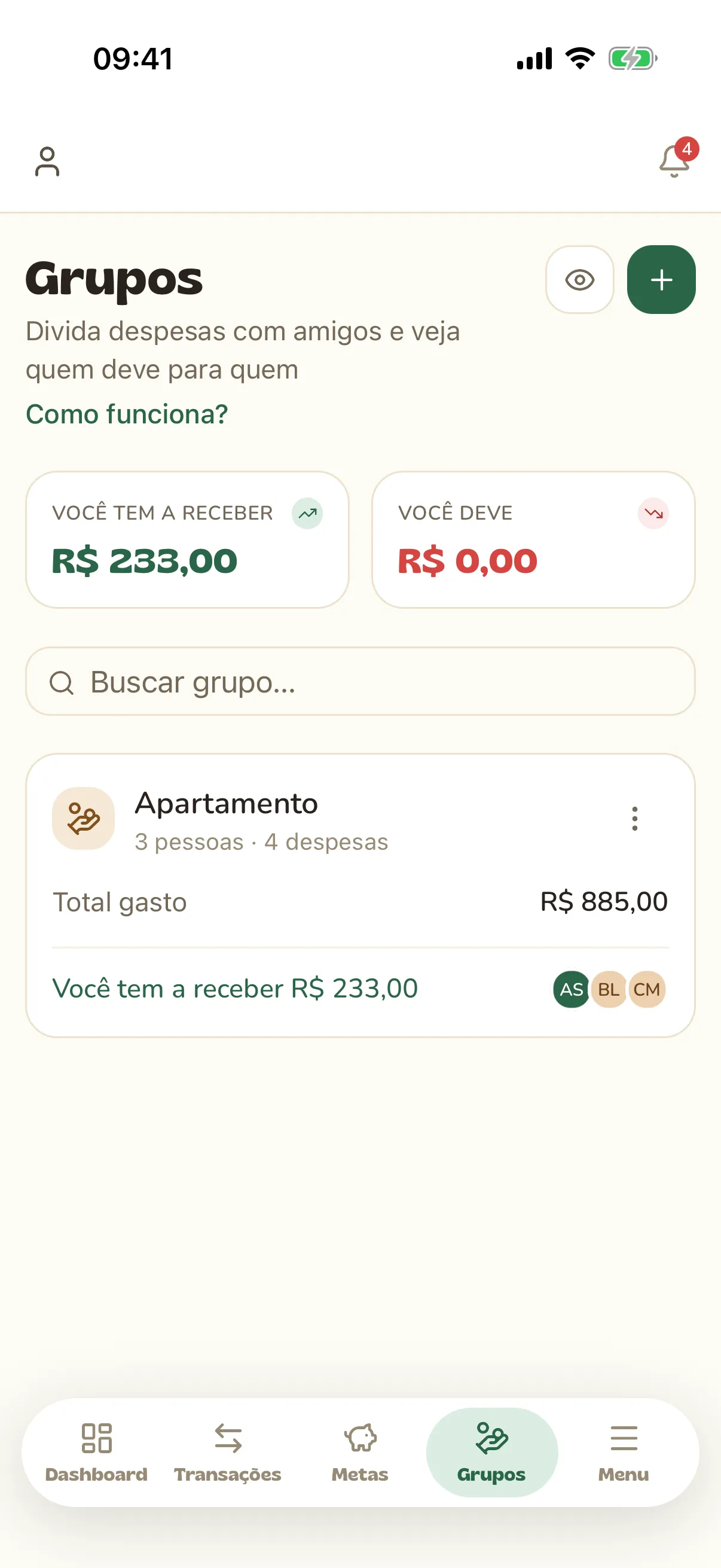 Lista de grupos com o saldo de cada um
