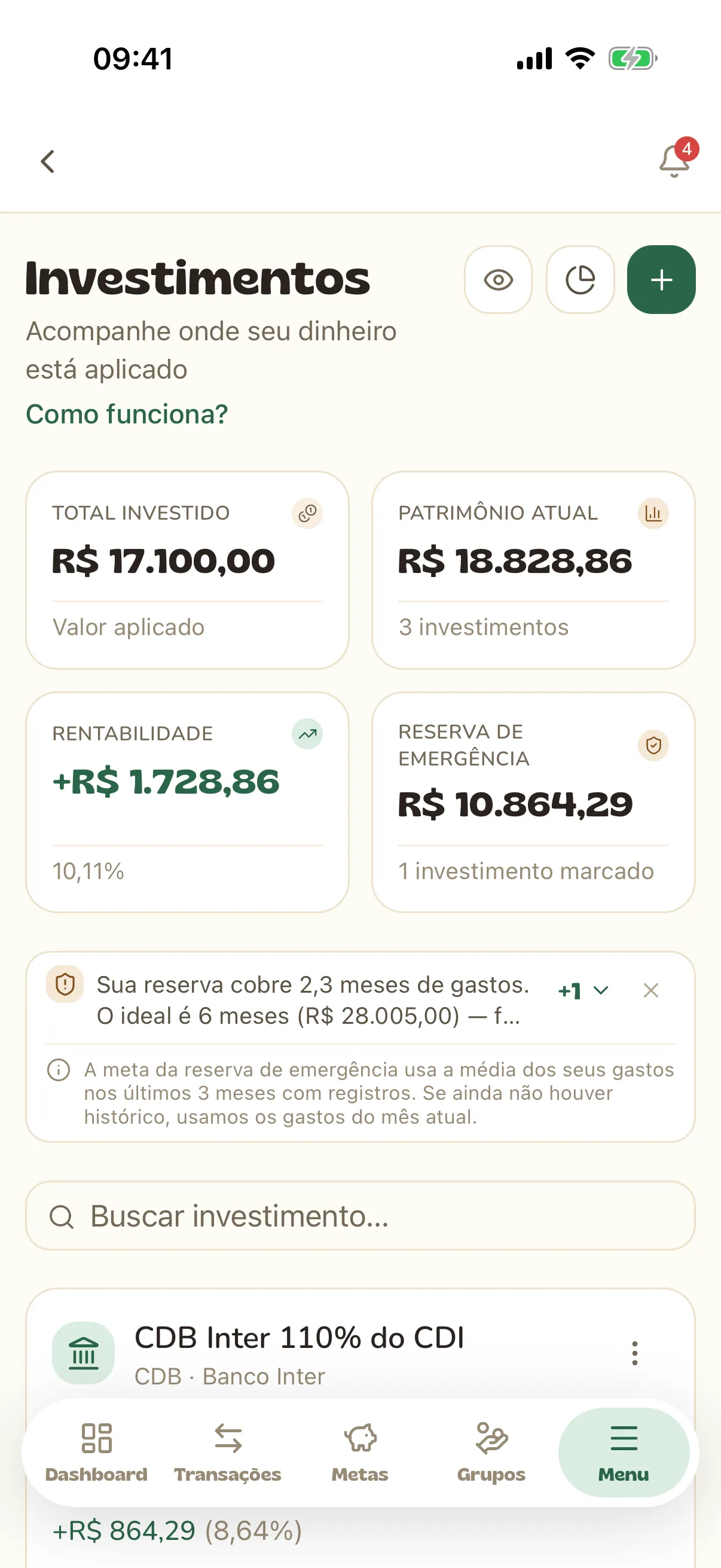 Carteira de investimentos com total investido, patrimônio atual e rentabilidade