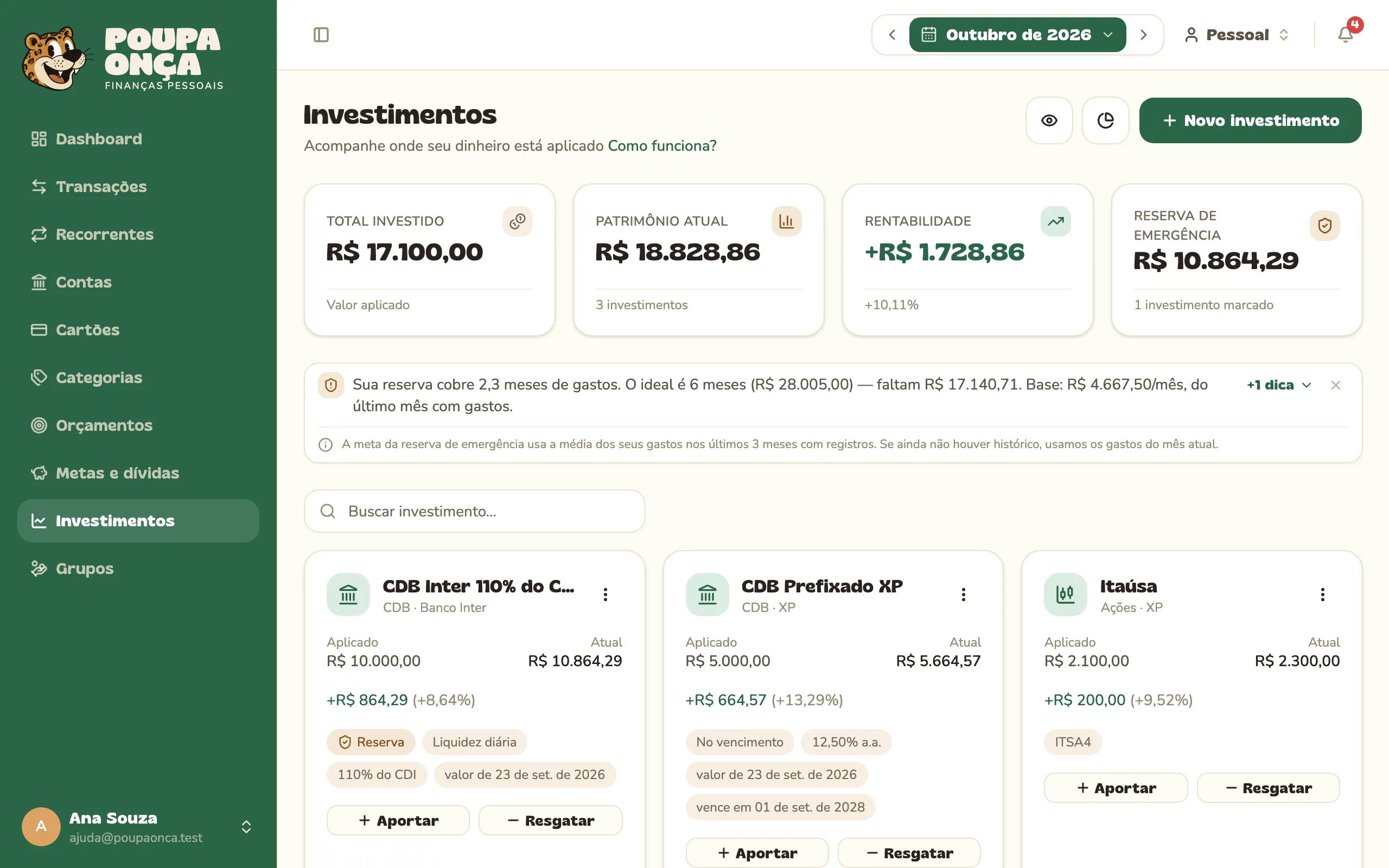 Carteira de investimentos com total investido, patrimônio atual e rentabilidade