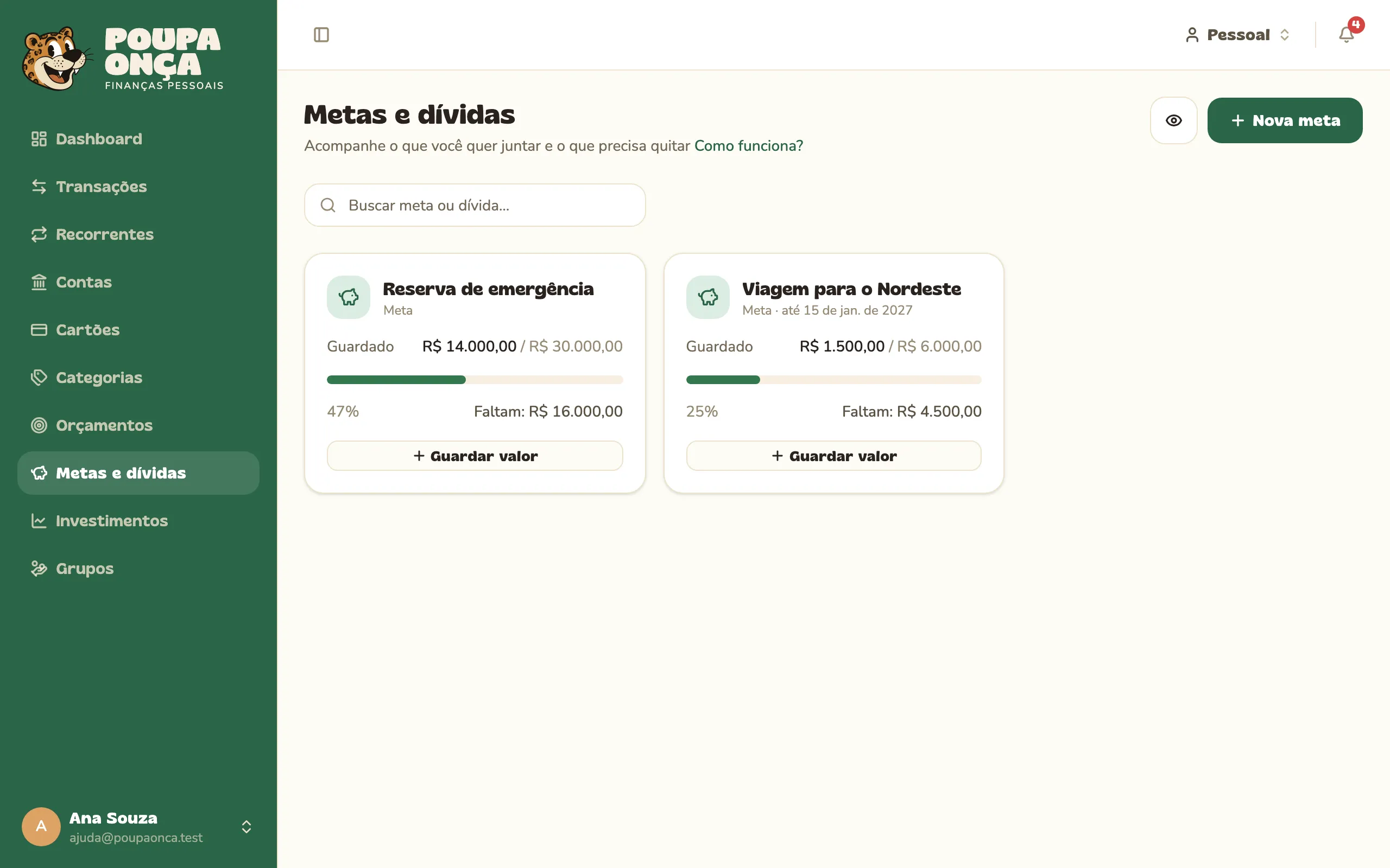 Metas e dívidas com o valor guardado e quanto falta em cada uma