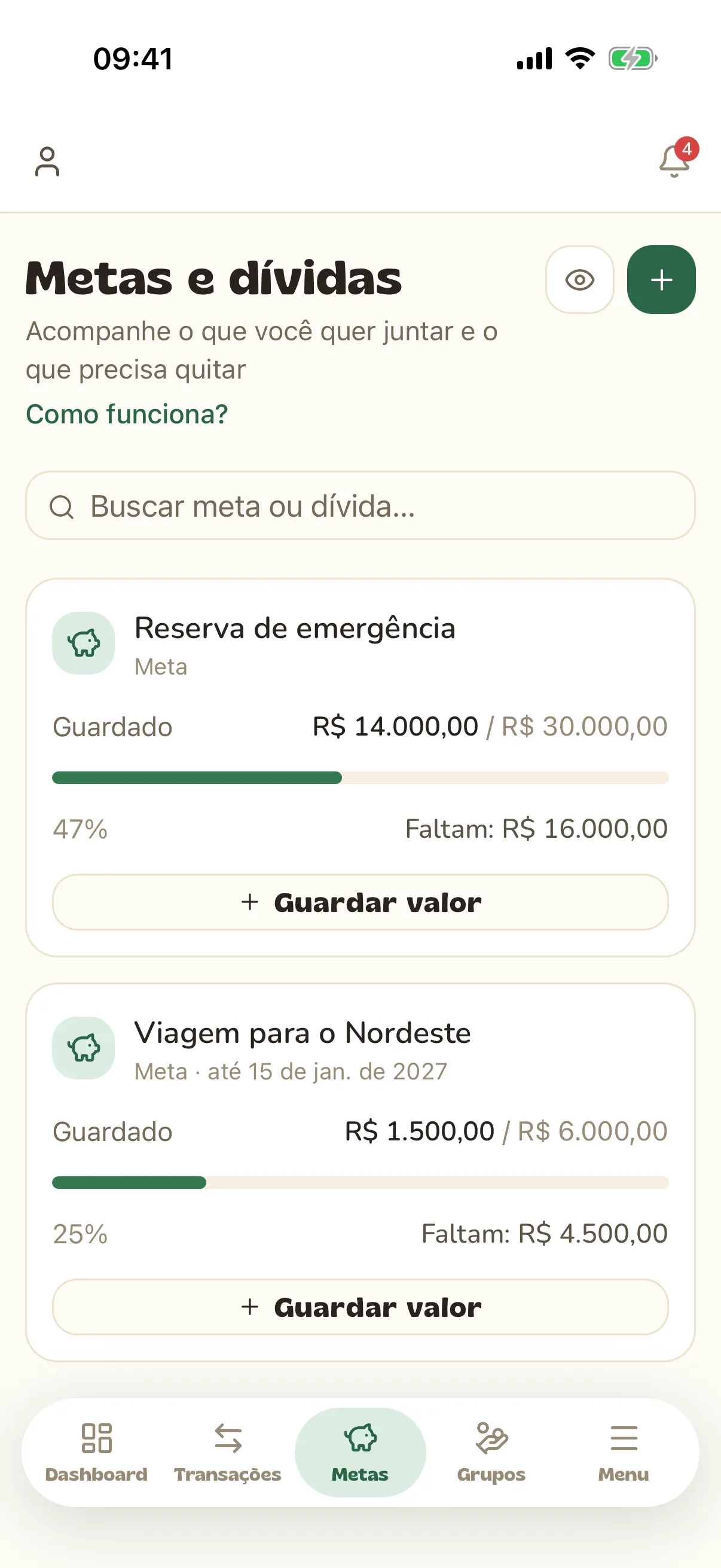 Metas e dívidas com o valor guardado e quanto falta em cada uma