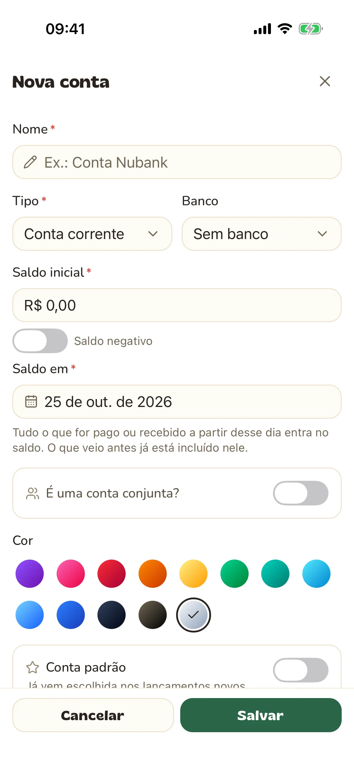 Formulário de nova conta com nome, tipo, banco e saldo inicial