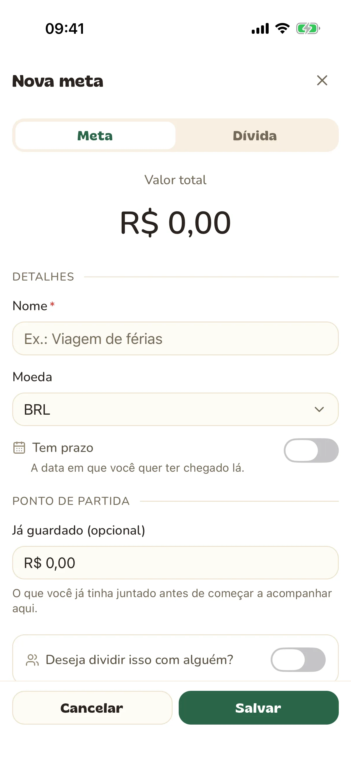 Formulário de nova meta com tipo, nome, valor total e prazo