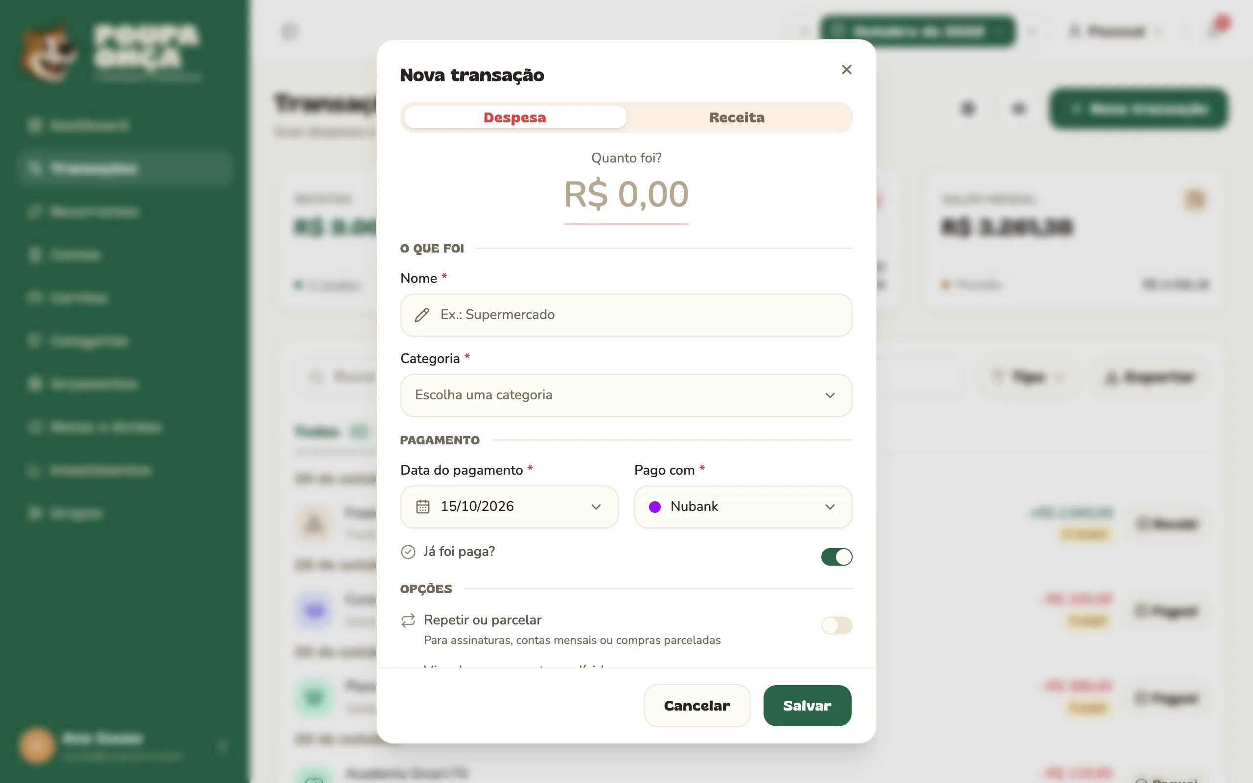Formulário de nova despesa com o valor em destaque e as seções O que foi, Pagamento e Opções