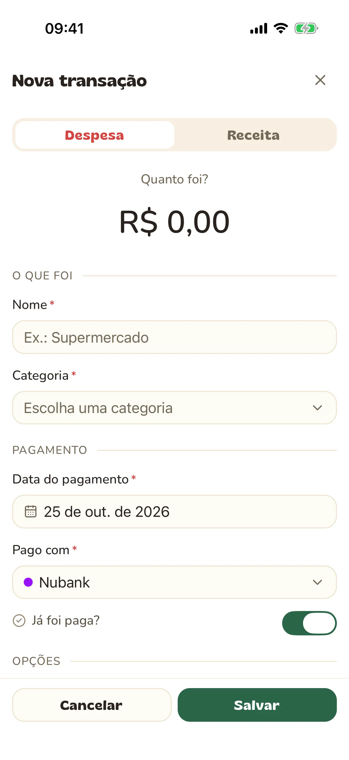 Formulário de nova despesa com o valor em destaque e as seções O que foi, Pagamento e Opções