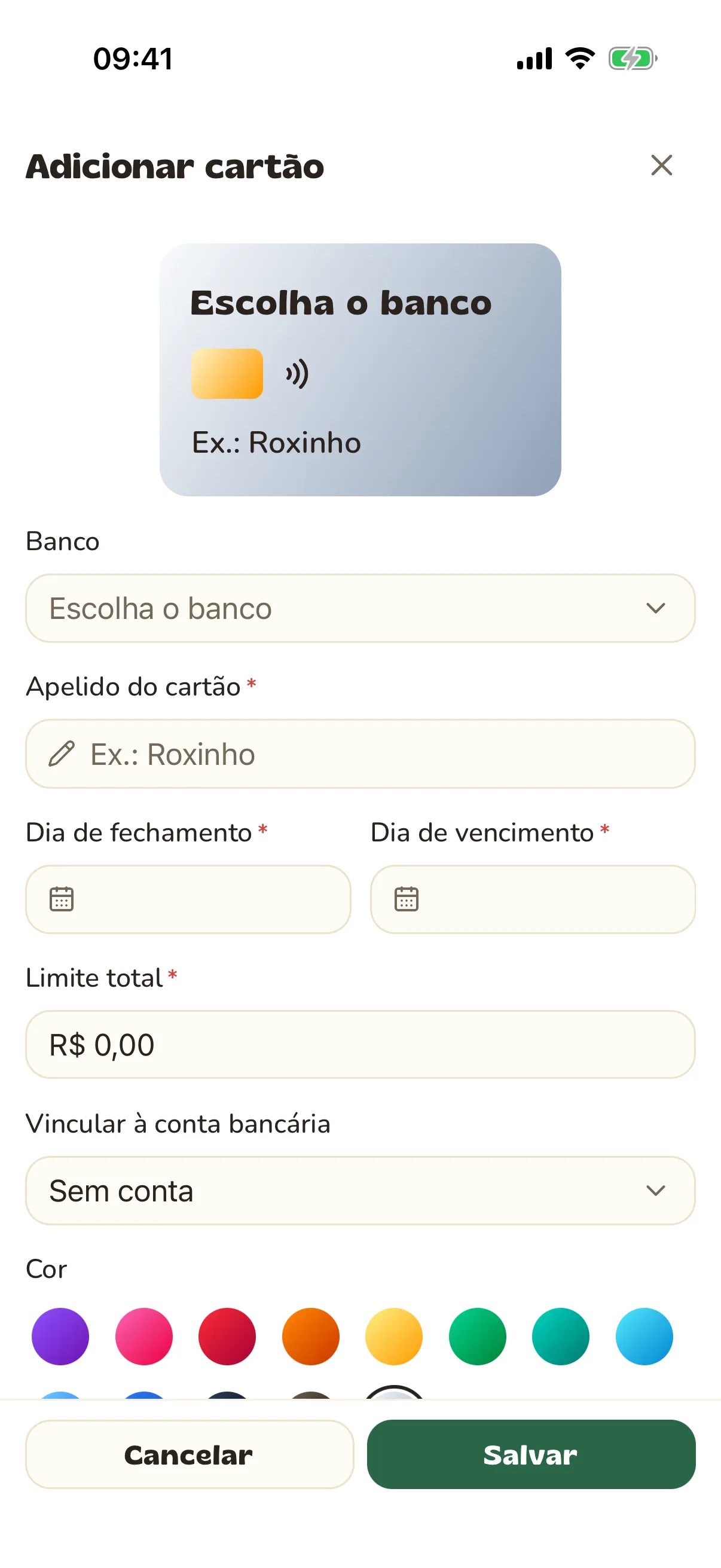 Formulário de novo cartão com a prévia do cartão, dias de fechamento e vencimento e limite