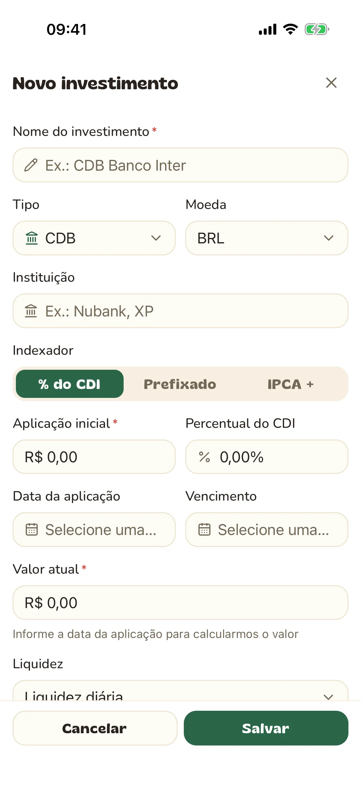 Formulário de novo investimento com tipo, nome e instituição