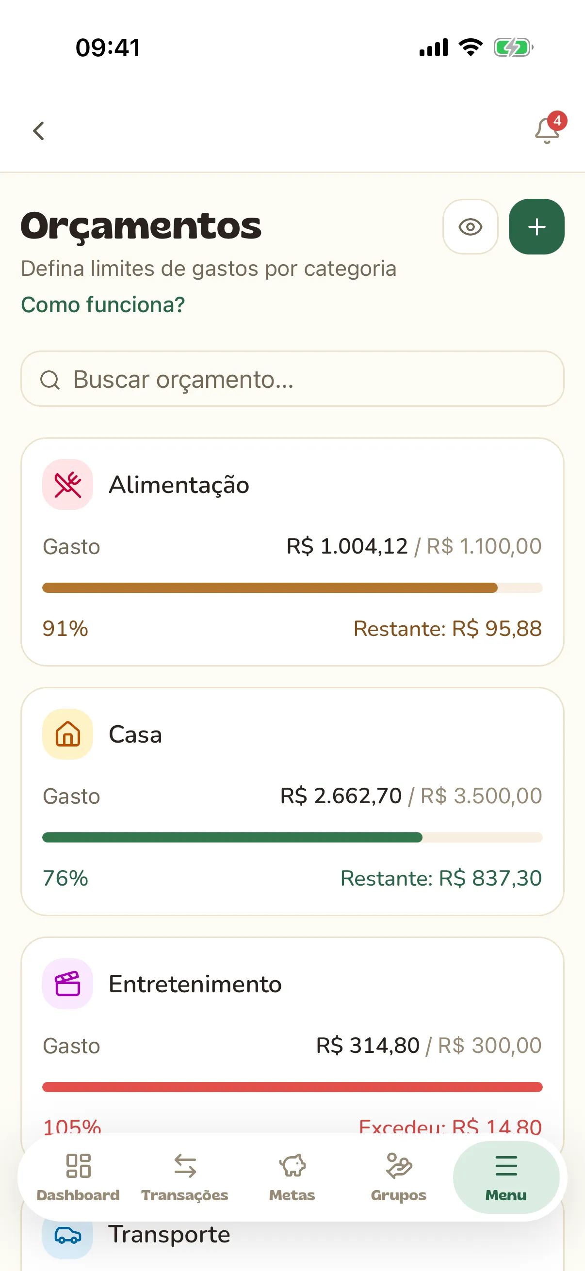 Orçamentos por categoria com a barra de quanto foi gasto do limite