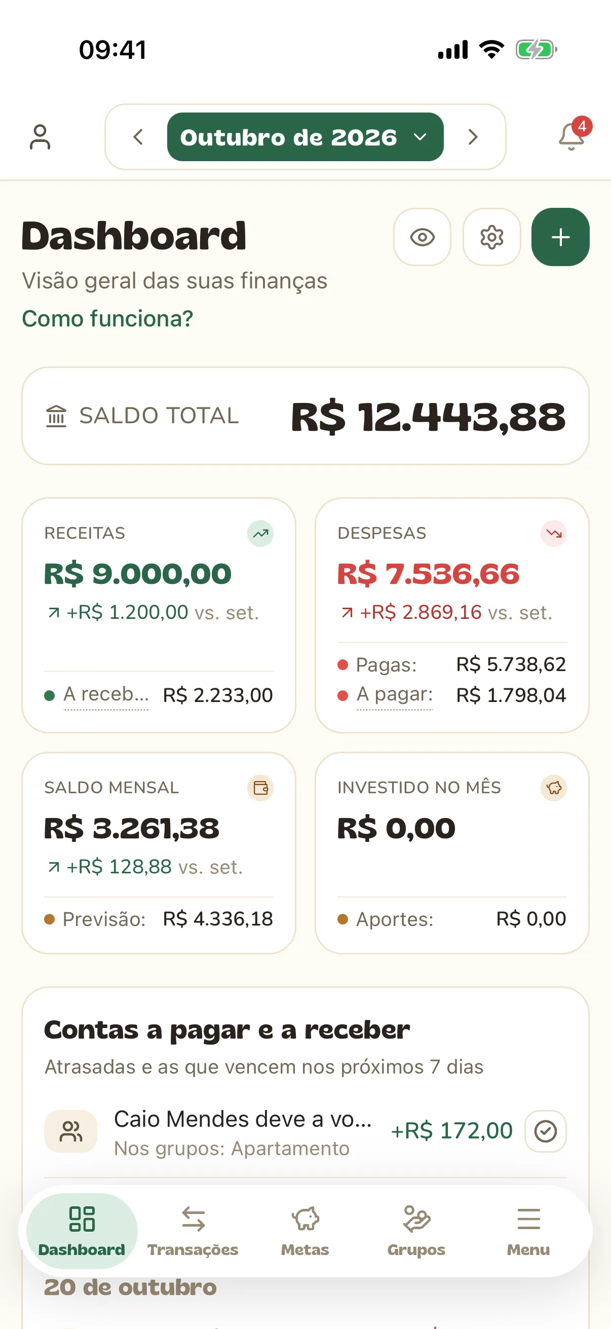 Dashboard do mês com saldo total, resumo e últimas transações