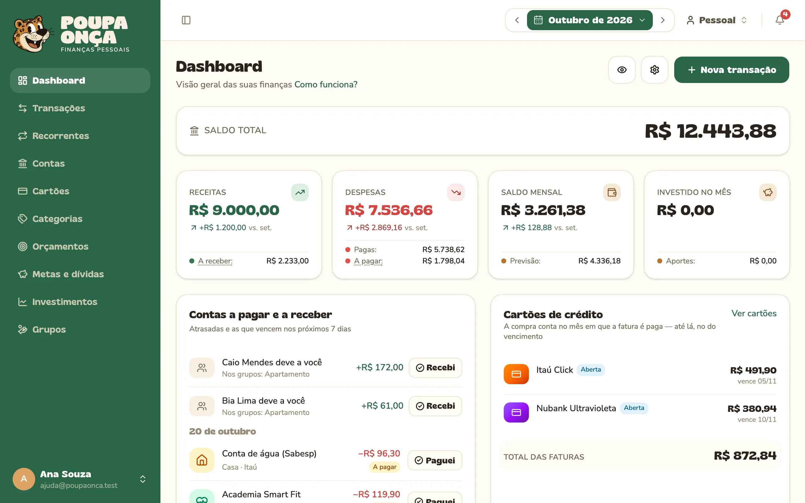 Dashboard do mês com saldo total, resumo e últimas transações