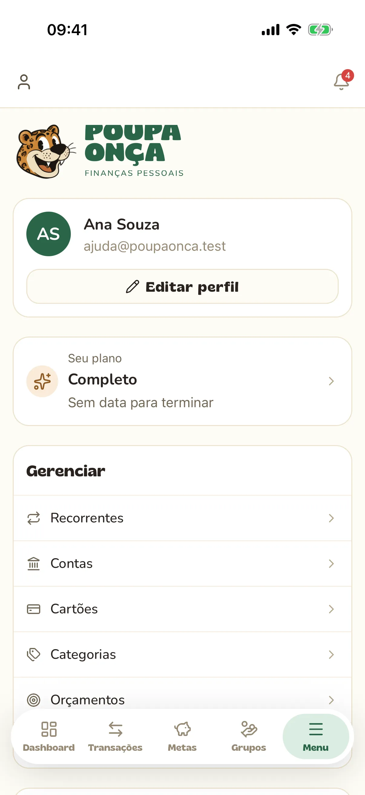 Perfil com o cartão de conexão com o banco