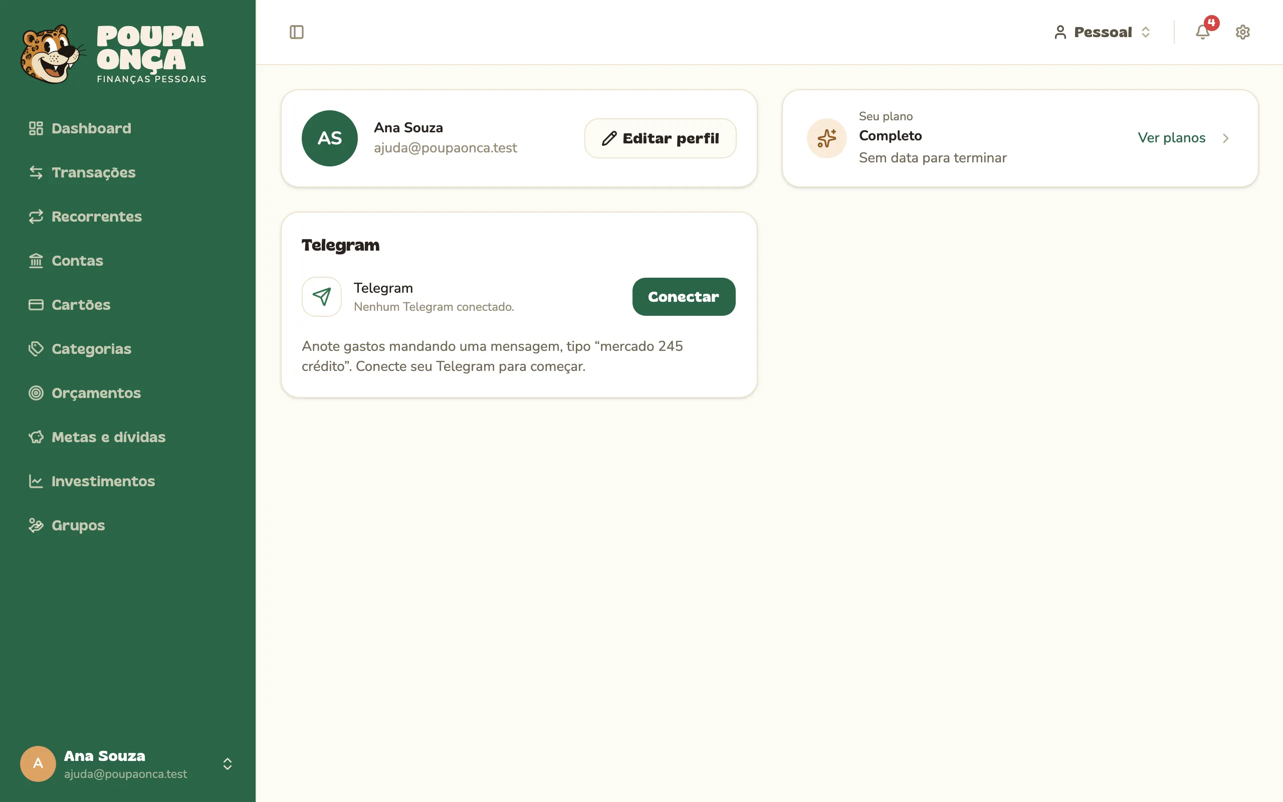 Perfil com o cartão de conexão com o banco