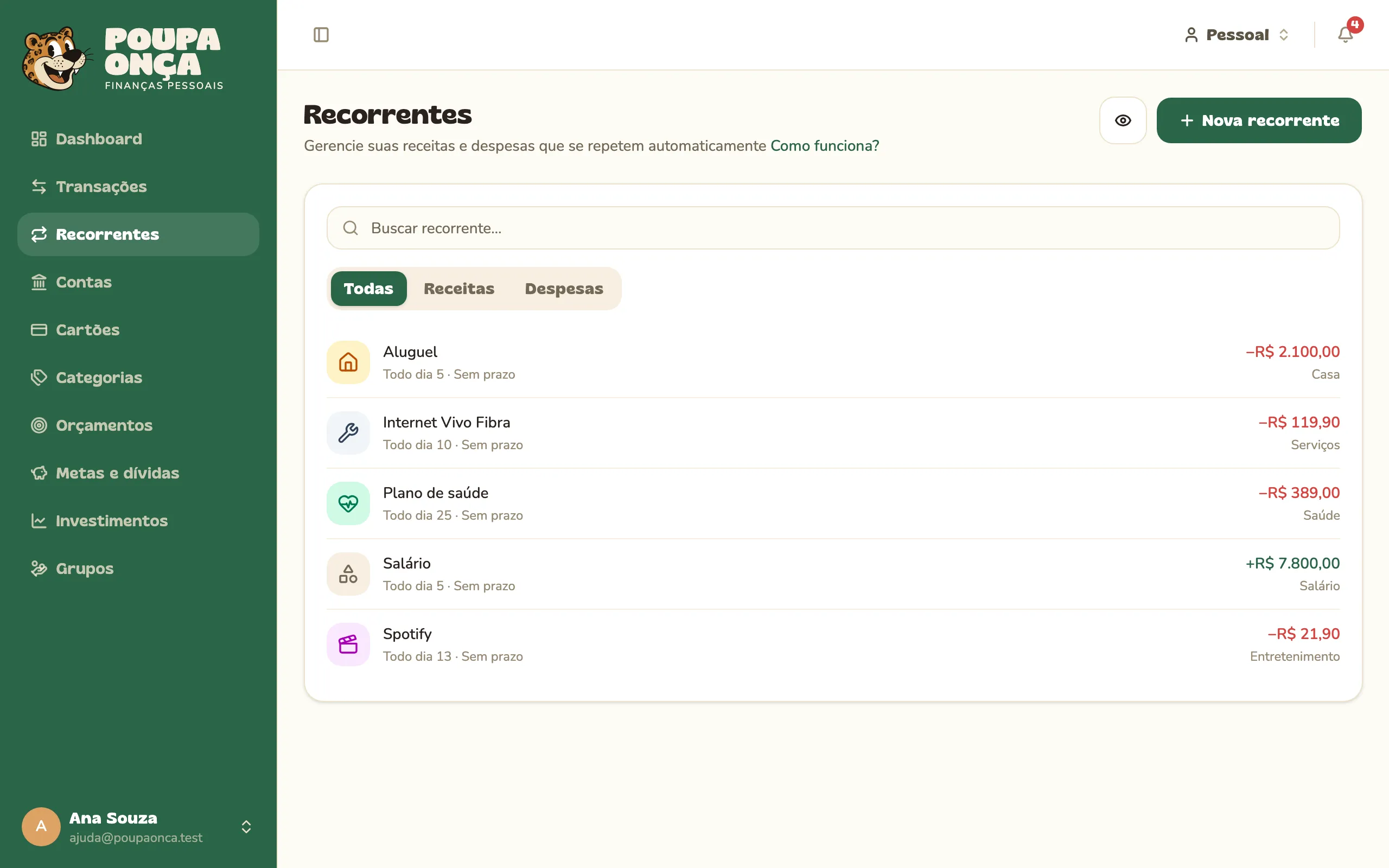 Lista de lançamentos recorrentes com frequência e prazo