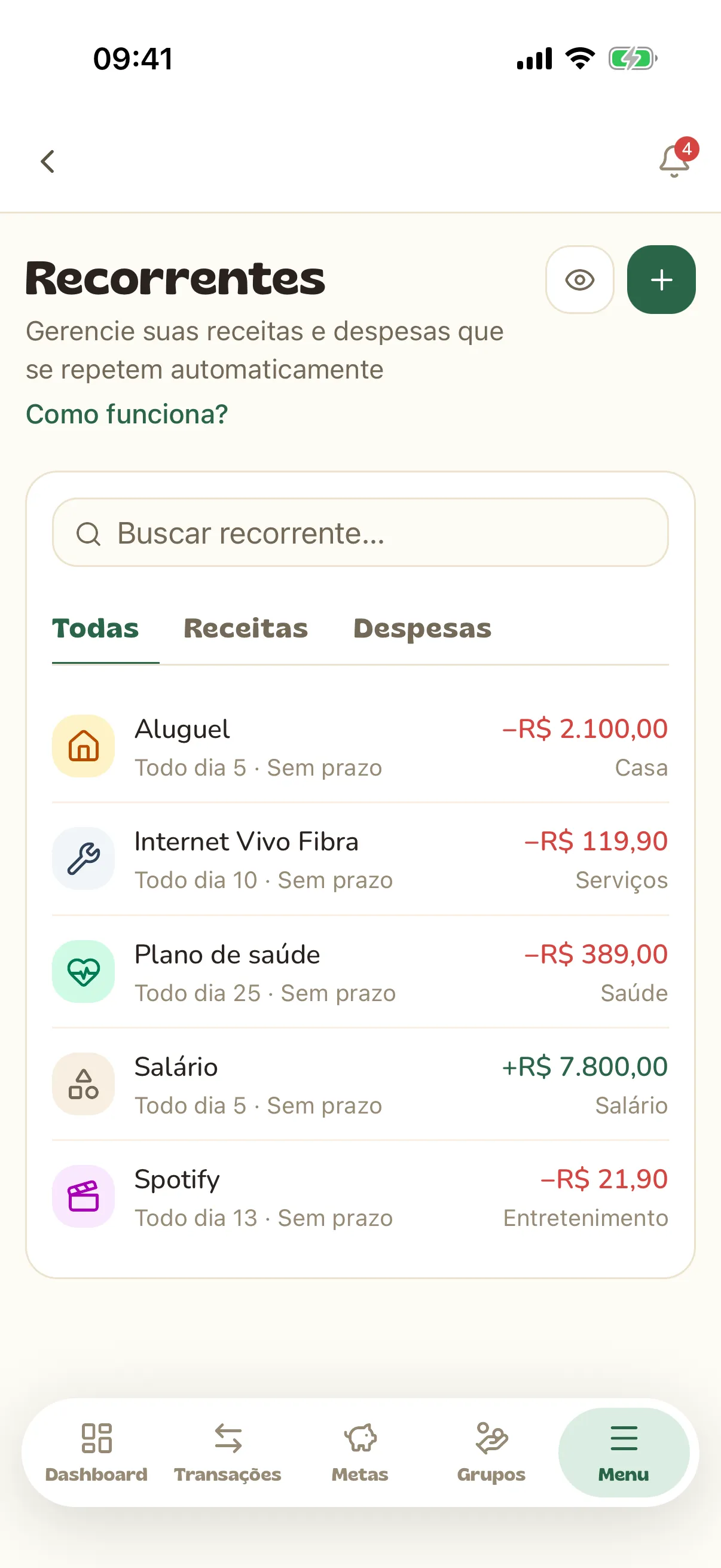 Lista de lançamentos recorrentes com frequência e prazo