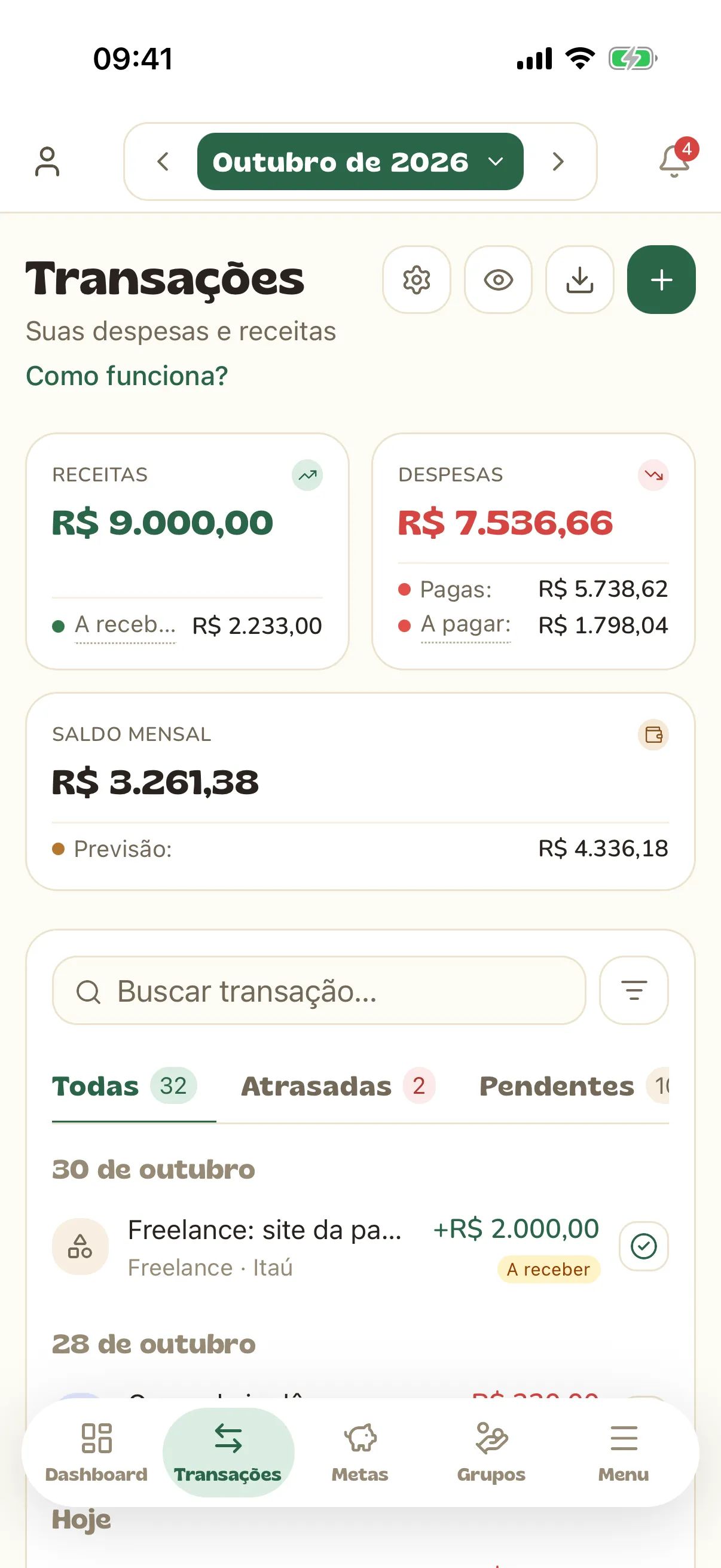 Lista de transações do mês com as abas Todas, Pendentes e Pagas