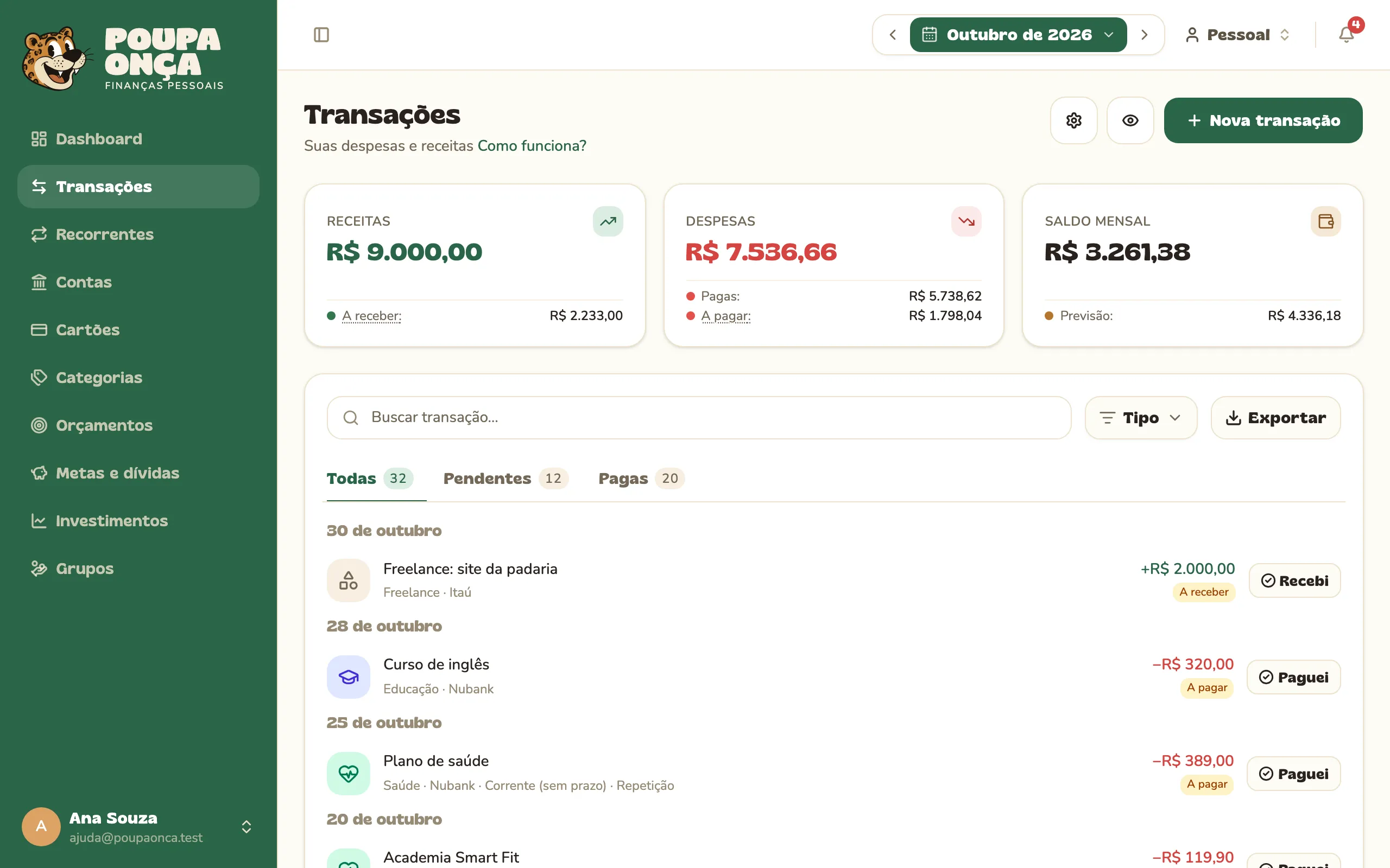 Lista de transações do mês com as abas Todas, Pendentes e Pagas